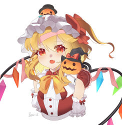Rule 34 | 1girl, absurdres, ascot, blonde hair, crystal, fang, flandre scarlet, hat, hat ribbon, highres, jack-o&#039;-lantern, medium hair, open mouth, penguin72, red eyes, red ribbon, ribbon, side ponytail, simple background, solo, touhou, upper body, white background, wings, witch hat, yellow ascot