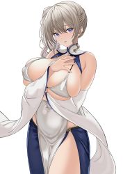 Rule 34 | 1girl, absurdres, arm under breasts, bare shoulders, bikini, blue eyes, blue skirt, blush, breasts, covered erect nipples, cowboy shot, detached sleeves, grey hair, highres, large breasts, long sleeves, looking at viewer, original, parted lips, sideboob, simple background, skirt, swimsuit, thighs, tnr (horiko1525), underboob, white background, white bikini, wide sleeves