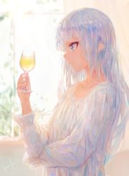 Rule 34 | 1girl, alcohol, blue eyes, blurry, collarbone, colored eyelashes, cup, depth of field, dress, drinking glass, elf, from side, green eyes, hand up, highres, holding, holding cup, holding drinking glass, kisei2, long hair, long sleeves, multicolored eyes, multicolored hair, nose, original, plant, pointy ears, profile, purple hair, revision, signature, silver hair, solo, upper body, vines, white dress, window, wine glass, yellow eyes