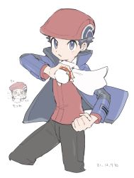 Rule 34 | 1boy, blue jacket, clenched hand, commentary request, creatures (company), dated, floating scarf, game freak, grey eyes, gu 1156, hat, highres, holding, holding poke ball, jacket, long sleeves, lucas (pokemon), male focus, multiple views, nintendo, open clothes, open jacket, pants, parted lips, poke ball, poke ball (basic), pokemon, pokemon dppt, pokemon platinum, red headwear, red shirt, scarf, shirt, short hair, simple background, white background, white scarf