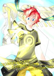 Rule 34 | aiba takumi, alphamon, blue eyes, breasts, digimon, digimon story: cyber sleuth, glasses on head, goggles, goggles on head, highres, jewelry, kuremi kyouko, long hair, medium breasts, necklace, red hair, short hair