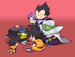 Rule 34 | 5boys, black hair, crt, dougi, dragon ball, dragonball z, father and son, game console, multiple boys, namekian, no alert2038, on floor, piccolo, playing games, red background, simple background, sitting, son gohan, son goku, television, trunks (dragon ball), vegeta