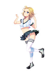 Rule 34 | 1girl, absurdres, ahoge, black skirt, blonde hair, blue eyes, blue panties, breasts, closed mouth, floating hair, frown, full body, highleg, highleg panties, highres, midriff, miniskirt, navel, original, panties, pleated skirt, shirt, short hair, short sleeves, simple background, skirt, small breasts, solo, standing, standing on one leg, stomach, striped clothes, striped panties, striped shirt, thighhighs, underboob, underwear, white background, white shirt, white thighhighs, xiumu bianzhou