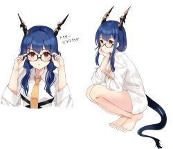 Rule 34 | 1girl, adjusting eyewear, arknights, bare legs, barefoot, bespectacled, black-framed eyewear, blue hair, ch&#039;en (arknights), collared shirt, commentary request, cropped torso, dragon girl, dragon horns, dragon tail, glasses, hair between eyes, hair over shoulder, highres, horns, knees up, lily0428, long hair, low twintails, multiple views, necktie, no pants, red eyes, shirt, simple background, squatting, tail, translation request, twintails, white background, white shirt, yellow necktie