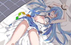 Rule 34 | 1girl, bdsm, blue hair, bondage, bound, bound wrists, bra, center frills, frilled skirt, frills, hair between eyes, highres, hinanawi tenshi, long hair, looking at viewer, lying, on bed, open clothes, open mouth, open shirt, panties, puffy short sleeves, puffy sleeves, red eyes, rope, shirt, short sleeves, skirt, solo, thighs, touhou, underwear, vel0x s, very long hair, white panties, white shirt