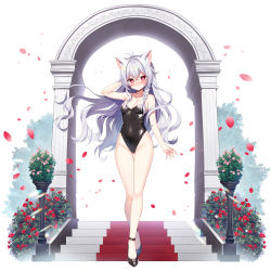 Rule 34 | 1girl, animal ear fluff, animal ears, arm behind head, arm up, bare arms, bare shoulders, black footwear, black leotard, blush, breasts, cat ears, cleavage, closed mouth, collarbone, covered navel, flower, gluteal fold, grey hair, groin, hair between eyes, heart, heart-shaped pupils, leotard, long hair, looking at viewer, mauve, nose blush, original, petals, pink flower, pink rose, red eyes, red flower, red rose, rose, shoes, simple background, small breasts, solo, stairs, standing, strapless, strapless leotard, symbol-shaped pupils, thigh gap, very long hair, white background
