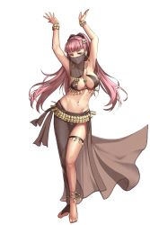 Rule 34 | 1girl, absurdres, alternate costume, anklet, arms up, barefoot, bracelet, breasts, cleavage, dancer, earrings, feet, female focus, fire emblem, fire emblem: three houses, full body, highres, hilda valentine goneril, hoop earrings, jewelry, large breasts, long hair, matching hair/eyes, midriff, mouth veil, navel, necklace, nintendo, pink eyes, pink hair, simple background, solo, standing, stomach, thigh strap, toes, transparent background, veil