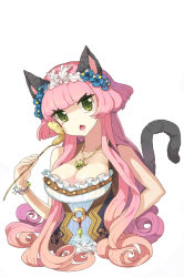 Rule 34 | 1girl, animal ears, breasts, cat ears, cat tail, cleavage, dress, green eyes, jewelry, large breasts, long hair, necklace, original, pink hair, solo, tail, taruk