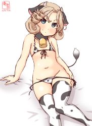 Rule 34 | 1girl, alternate costume, animal ears, animal print, arm support, artist logo, bell, bikini, blonde hair, blue eyes, commentary request, covered erect nipples, cow ears, cow horns, cow print, cow tail, cowbell, dated, fake animal ears, fake horns, feet out of frame, flat chest, highres, horns, janus (kancolle), kanon (kurogane knights), kantai collection, looking at viewer, micro bikini, one-hour drawing challenge, parted bangs, short hair, side-tie bikini bottom, simple background, sitting, solo, swimsuit, tail, thighhighs, white background, white bikini, white thighhighs