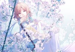 Rule 34 | 1boy, belt, black belt, blue shirt, branch, brown hair, character name, cherry blossoms, collared jacket, cropped jacket, doku kobuko, ensemble stars!, feet out of frame, floral print, flower, green eyes, highres, holding, holding flower, jacket, knee up, long sleeves, looking at viewer, male focus, medium hair, mikejima madara, o-ring, official alternate costume, pants, parted bangs, pink flower, sash, shirt, shoulder belt, shoulder sash, sitting, sleeves past wrists, smile, solo, spring evening&#039;s respite (ensemble stars!), tree, turtleneck, white background, white jacket, white pants