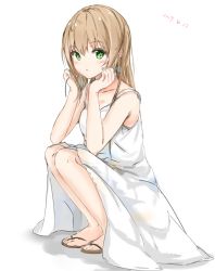 Rule 34 | 1girl, absurdres, bare arms, bare shoulders, blush, brown hair, collarbone, dated, dress, elbows on knees, full body, green eyes, hair between eyes, hand in own hair, hand on own cheek, hand on own face, hands up, highres, long hair, looking at viewer, na kyo, original, parted lips, sandals, sleeveless, sleeveless dress, solo, squatting, white background, white dress