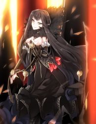 Rule 34 | &gt;:), 1girl, black dress, black hair, breasts, cleavage, dress, fate/apocrypha, fate (series), from side, fur, highres, kazetto, long hair, long sleeves, looking at viewer, looking to the side, medium breasts, parted lips, semiramis (fate), slit pupils, smile, solo, v-shaped eyebrows, very long hair, yellow eyes
