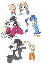 Rule 34 | 5boys, 5girls, anger vein, angry, animal, bathrobe, bird, black hair, black jacket, black pants, blonde hair, blue eyes, blue hair, blue jacket, blue shirt, blue shorts, blush, bow, bowtie, breasts, cat, claws, closed eyes, couch, dual persona, eyeshadow, fang, flying sweatdrops, furry, furry male, furry with non-furry, genderswap, genderswap (mtf), heart, highres, himuhino, holding, holding animal, humanization, interspecies, jacket, long hair, long sleeves, looney tunes, makeup, multicolored hair, multiple boys, multiple girls, nervous, open clothes, open jacket, open mouth, orange hair, orange pantyhose, orange thighhighs, overalls, pants, pantyhose, paper, pepe le pew, pig, pink hair, pink robe, ponytail, porky pig, puffy sleeves, red bow, red bowtie, red hair, road runner (looney tunes), robe, shirt, short hair, short sleeves, shorts, side ponytail, sitting, skunk, small breasts, smile, sweat, sylvester (looney tunes), tank top, teeth, thighhighs, tongue, tongue out, tweety bird, two-tone hair, white hair, white shirt, wide sleeves, wristband, yellow overalls