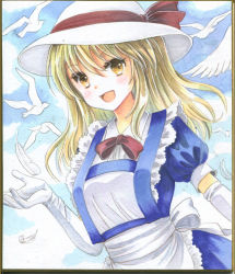 Rule 34 | 1girl, alternate hair length, alternate hairstyle, apron, back bow, bird, blonde hair, blue dress, bow, commentary request, dove, dress, dutch angle, elbow gloves, eyelashes, frilled apron, frilled dress, frilled gloves, frills, gloves, hajike akira, happy, hat, hat bow, kana anaberal, long hair, outdoors, photo (medium), puffy short sleeves, puffy sleeves, red bow, ribbon, short sleeves, sun hat, touhou, touhou (pc-98), traditional media, white bird, white gloves, white headwear, yellow eyes