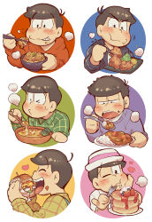 Rule 34 | 6+boys, ahoge, black hair, blueberry, brothers, burger, cheese, closed eyes, curry, curry rice, diving mask, diving mask on head, eating, fang, food, food on face, food request, fruit, goggles, goggles on head, hat, heart, highres, long sleeves, male focus, mask, matsuno choromatsu, matsuno ichimatsu, matsuno jyushimatsu, matsuno karamatsu, matsuno osomatsu, matsuno todomatsu, mouth mask, multiple boys, one eye closed, open mouth, osomatsu-san, osomatsu (series), pancake, pancake stack, plaid, plaid shirt, porkpie hat, portrait, purple sweater, rice, sanjiro (tenshin anman), sextuplets, shirt, short hair, siblings, smile, souffle pancake, strawberry, sweater, syrup, thick eyebrows, whipped cream