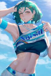 Rule 34 | 1girl, absurdres, arm up, armband, armpits, bare shoulders, blue sky, blush, breasts, choker, clothes lift, cloud, collarbone, commentary request, cowboy shot, crop top, day, earrings, green hair, hair ornament, hairclip, hand in own hair, highres, jewelry, kitakoji hisui, large breasts, looking at viewer, medium breasts, midriff, navel, nijisanji, orewajedman, outdoors, parted lips, shirt lift, short hair, signature, sky, solo, sports bra, stomach, sweat, upper body, virtual youtuber, yellow eyes