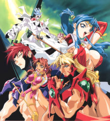 Rule 34 | 1990s (style), 3girls, 4boys, :d, abs, arm behind head, arm ribbon, arm up, armor, armpits, asahina ryo, asahina ryou, asahina suzu, blonde hair, blue eyes, blue hair, bokken, bow, breast hold, breasts, breasts apart, bridal gauntlets, brother and sister, brown eyes, brown hair, brown legwear, choujin gakuen gowcaizer, circlet, cleavage, clenched hand, cloud, colored skin, cover, covered erect nipples, earrings, everyone, facial mark, fang, fingerless gloves, floating hair, foreshortening, gakuran, gem, gloves, gowcaizer, green eyes, groin, hellstinger, high ponytail, highleg, highleg leotard, hishizaki shaia (gowcaizer), holding, huge breasts, jacket, jewelry, kaiza isato, kash gyustan, large breasts, laserdisc cover, leotard, lipstick, long hair, looking at viewer, looking away, looking back, magical girl, makeup, midriff, miniskirt, multiple boys, multiple girls, muscular, no bra, no pupils, nude, official art, oobari masami, open clothes, open jacket, open mouth, orange eyes, outdoors, outstretched arm, outstretched arms, pantyhose, parted bangs, pauldrons, pectorals, pink hair, platonic twins, polearm, ponytail, profile, raised fist, red hair, retro artstyle, ribbon, sash, school uniform, see-through, shigure kyosuke, shigure kyousuke, shoulder armor, siblings, sideboob, sidelocks, skirt, sky, smile, son karin, spiked hair, spread arms, squinting, staff, standing, sword, technos, thigh gap, thighhighs, thighlet, twins, upper body, weapon, white skin, wind, wooden sword, yellow eyes