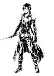 Rule 34 | 1boy, armor, belt, boots, clenched hand, closed mouth, coat, collarbone, fingerless gloves, gloves, greyscale, hair between eyes, hatching (texture), highres, holding, holding sword, holding weapon, kirito, male focus, monochrome, mugetsu2501, open clothes, open coat, simple background, smile, solo, standing, sword, sword art online, weapon, white background