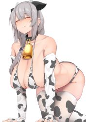 Rule 34 | 1girl, all fours, animal ears, animal print, bare shoulders, bell, bikini, black collar, breasts, cleavage, closed eyes, closed mouth, collar, collarbone, cow ears, cow horns, cow print, cow print bikini, elbow gloves, gloves, grey hair, hair tie, highres, horns, huge breasts, karatakewari, long hair, mature female, neck bell, print bikini, simple background, solo, swimsuit, thighhighs, uzaki-chan wa asobitai!, uzaki tsuki, white background, white bikini, white gloves, white thighhighs