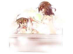 Rule 34 | 10s, 2girls, :d, ;d, ass, bathing, bathtub, blush, brown eyes, brown hair, fang, highres, ikazuchi (kancolle), inazuma (kancolle), kantai collection, long hair, multiple girls, nanateru, nude, one eye closed, open mouth, same-sex bathing, shared bathing, sidelocks, smile, steam, tile wall, tiles, towel, towel on head, water, wink