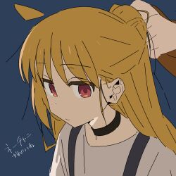 Rule 34 | 2girls, ahoge, bad id, bad twitter id, black choker, blonde hair, blue background, bocchi the rock!, choker, closed mouth, hairdressing, highres, holding another&#039;s hair, ijichi nijika, ijichi seika, kerorira, long hair, looking at viewer, multiple girls, red eyes, shirt, solo focus, translation request, upper body, white shirt