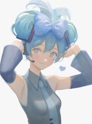 Rule 34 | 1girl, aqua eyes, aqua hair, aqua necktie, blue bow, blush, bow, breasts, cinnamiku, closed mouth, commentary request, detached sleeves, fujie-yz, grey background, grey shirt, hair between eyes, hair bow, hair ornament, hatsune miku, headphones, headset, heart, highres, looking at viewer, necktie, shirt, simple background, sleeveless, sleeveless shirt, small breasts, solo, updo, upper body, vocaloid