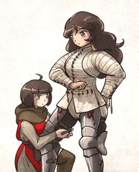 Rule 34 | 2girls, ahoge, ahoge page (ironlily), armor, belt, brown hair, gambeson, highres, ironlily, lady lucerne (ironlily), long hair, medieval, multiple girls, ordo mediare sisters (ironlily), short hair, standing, surcoat, tying