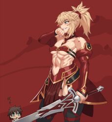 Rule 34 | 1boy, 1girl, armor, bare shoulders, bikini armor, blonde hair, blood, blood on hands, blush, braid, breasts, clarent (fate), commentary request, covered erect nipples, fate (series), french braid, fujimaru ritsuka (male), green eyes, grin, hair ornament, hair scrunchie, holding, holding sword, holding weapon, long hair, mikoyan, mordred (fate), muscular, muscular female, navel, open mouth, pelvic curtain, ponytail, red background, red scrunchie, scrunchie, sidelocks, simple background, small breasts, smile, sword, teeth, weapon, wiping face