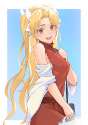 Rule 34 | 1girl, :d, bag, blonde hair, blue background, bow, cowboy shot, dress, earrings, ereshkigal (bitter sweet) (fate), ereshkigal (fate), fate/grand order, fate (series), from side, hair bow, hair intakes, highres, holding, holding bag, jewelry, long hair, looking at viewer, open mouth, red dress, red eyes, sleeveless, sleeveless dress, smile, solo, standing, twintails, two side up, very long hair, white background, white bow, zhourues