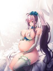 Rule 34 | 1girl, big belly, blue eyes, blue flower, blue rose, blush, bottomless, bra, breasts, bridal veil, covered erect nipples, elbow gloves, flower, frilled thighhighs, frills, gloves, gnome (last origin), hair flower, hair ornament, hands on own stomach, high ponytail, highres, huge breasts, last origin, light purple hair, long hair, looking at viewer, md5 mismatch, navel, pregnant, rose, single thighhigh, sitting, smile, solo, thighhighs, toriseru (rare stone), underwear, veil, very long hair, white bra, white gloves, white thighhighs
