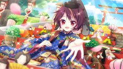 Rule 34 | 1girl, bandou mikuru, blonde hair, blue kimono, blue sky, blurry, blurry foreground, bonbori (lighting), brown hair, cloud, day, dot nose, dutch angle, film grain, folding fan, game cg, grass, hand fan, hand up, hat, heart, hinadan, hinamatsuri, holding, holding fan, izumi tsubasu, japanese clothes, kimono, lens flare, looking at viewer, multicolored hair, non-web source, official art, open mouth, outdoors, outstretched arm, pink petals, print kimono, re:stage!, red eyes, short hair, sitting, sky, smile, solo, sparkle, stairs, stone stairs, streaked hair, tate eboshi, torii, two-tone hair