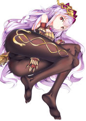 Rule 34 | 1girl, :&lt;, absurdres, armor, ass, bare shoulders, black bodysuit, black pantyhose, blush, bodysuit, cameltoe, closed mouth, feet, gatari, gauntlets, hair between eyes, highres, light purple hair, long hair, looking at viewer, mask, mask on head, medusa (shingeki no bahamut), no shoes, pantyhose, pointy ears, red eyes, shingeki no bahamut, simple background, soles, solo, tail, toes, very long hair, wavy hair, white background