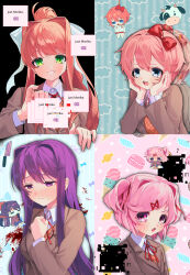 Rule 34 | 4girls, absurdres, blazer, blood, blood splatter, blue eyes, blush, bow, brown hair, candy, chibi, collared shirt, cow, death, doki doki literature club, food, frown, glitch, green eyes, grin, hair bow, hair intakes, hair ornament, hair ribbon, hairclip, hand on own chest, hands on own cheeks, hands on own face, highres, ice cream, jacket, knife, long hair, long sleeves, looking at viewer, looking to the side, macaron, monika (doki doki literature club), multiple girls, natsuki (doki doki literature club), neck ribbon, noose, open mouth, pink eyes, pink hair, ponytail, purple eyes, purple hair, ribbon, sayori (doki doki literature club), school uniform, shirt, short hair, smile, suicide, two side up, upper body, vomiting, wrapped candy, yuiitsu, yuri (doki doki literature club)