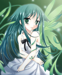 Rule 34 | 1girl, bad anatomy, bare shoulders, blush, closed mouth, crossed arms, dress, glowing, green eyes, green hair, looking at viewer, matching hair/eyes, saya (saya no uta), saya no uta, sleeveless, sleeveless dress, smile, solo, sundress, white dress