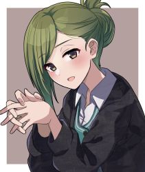 Rule 34 | 1girl, absurdres, asymmetrical bangs, black cardigan, blush, cardigan, folded ponytail, green hair, green vest, highres, idolmaster, idolmaster shiny colors, looking at viewer, nanakusa hazuki, office lady, open collar, own hands together, simple background, smile, solo, tanakara, upper body, vest