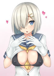 Rule 34 | 10s, 1girl, :o, bad id, bad pixiv id, between breasts, black bra, blue eyes, bra, breasts, buttons, cleavage, collarbone, covered erect nipples, gloves, gradient background, grey hair, hair ornament, hair over one eye, hairclip, hamakaze (kancolle), heart, heart-shaped pupils, kantai collection, large breasts, looking at viewer, open clothes, open mouth, open shirt, pink background, school uniform, serafuku, shirt, short hair, short sleeves, simple background, solo, symbol-shaped pupils, terakoya, underwear, white background, white gloves