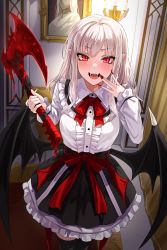 Rule 34 | 1girl, :d, absurdres, albino, axe, black skirt, black thighhighs, blondy (ldlong), blood, bloody weapon, blush, bow, bowtie, breasts, candle, carpet, cowboy shot, curtains, fangs, fingernails, frilled shirt collar, frilled skirt, frills, hand on own face, high-waist skirt, highres, holding, holding axe, holding weapon, indoors, long fingernails, long sleeves, looking at viewer, medium breasts, nail polish, open mouth, original, painting (object), pointy ears, red bow, red bowtie, red eyes, red nails, sharp fingernails, skirt, slit pupils, smile, solo, thighhighs, v-shaped eyebrows, vampire, weapon, white hair, zettai ryouiki