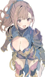Rule 34 | 1girl, armor, beatrix (granblue fantasy), blue ribbon, blush, breasts, brown eyes, brown hair, cleavage, cleavage cutout, clothing cutout, gorirago, granblue fantasy, hair ribbon, highres, large breasts, long hair, open mouth, ponytail, ribbon, shoulder armor, simple background, solo, thighhighs, white background