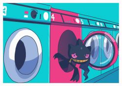 Rule 34 | absurdres, banette, border, commentary request, creatures (company), game freak, gen 3 pokemon, glass, highres, looking at viewer, nintendo, no humans, peeking out, pink eyes, pokemon, pokemon (creature), saiku (zvlku), solo, washing machine, white border, zipper, zipper pull tab