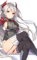 Rule 34 | 1girl, :o, ahoge, azur lane, black gloves, black leotard, blush, breasts, brown eyes, commentary request, cross, crossed legs, garter straps, gloves, headgear, highres, iron cross, large breasts, legs, leotard, long hair, long sleeves, looking at viewer, mole, mole on breast, multicolored hair, open mouth, prinz eugen (azur lane), red hair, rikoma, sideboob, sidelocks, silver hair, simple background, sitting, solo, streaked hair, thighhighs, thighs, two side up, very long hair, white background