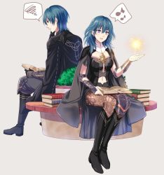 Rule 34 | 1boy, 1girl, armor, blue eyes, blue hair, boots, breasts, byleth (female) (fire emblem), byleth (fire emblem), byleth (male) (fire emblem), cape, closed mouth, dual persona, fire emblem, fire emblem: three houses, gloves, hair ornament, high heel boots, high heels, highres, jewelry, long hair, looking at viewer, nintendo, pantyhose, pantyhose under shorts, shinkanoshin, short hair, shorts, simple background, smile, uniform, upper body, white background