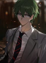 Rule 34 | 1boy, closed mouth, cocacell, collared shirt, commentary request, determined, film grain, glasses, green eyes, green hair, grey jacket, highres, jacket, korean commentary, lapels, light particles, long sleeves, male focus, necktie, notched lapels, open clothes, open jacket, otowa rui (saibou shinkyoku), saibou shinkyoku, sanpaku, shirt, short hair, solo, suit jacket, upper body, white shirt