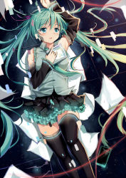 Rule 34 | 1girl, 7lark, arm up, bad id, bad pixiv id, detached sleeves, green eyes, green hair, hatsune miku, long hair, matching hair/eyes, necktie, paper, skirt, solo, thighhighs, twintails, very long hair, vocaloid