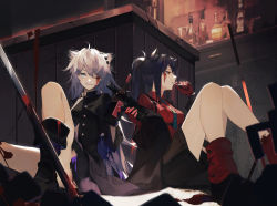 Rule 34 | 2girls, absurdres, alcohol, alternate costume, animal ears, arknights, bar (place), black hair, blood, blood on face, cigarette, hair ornament, hairclip, highres, lappland (arknights), lappland (refined horrormare) (arknights), long hair, loose socks, multiple girls, necktie, official alternate costume, ponytail, shirt, sitting, socks, texas (arknights), texas (willpower) (arknights), toasting (gesture), tochigi 1990, white hair
