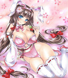 Rule 34 | 1girl, animal ears, arm support, at classics, bare shoulders, black hair, blue eyes, blush, bow, bowtie, breasts, brown hair, cherry blossoms, cleavage, covered erect nipples, curvy, dango, detached collar, fake animal ears, female focus, food, gigantic breasts, hair ornament, hair ribbon, japanese clothes, kimono, leotard, long hair, looking at viewer, low-tied long hair, obi, original, petals, playboy bunny, rabbit ears, ribbon, ribbon-trimmed legwear, ribbon trim, sash, sitting, skewer, smile, solo, tabi, thighhighs, traditional media, very long hair, wagashi, wide hips