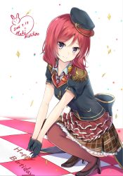 Rule 34 | 10s, 1girl, 2016, black gloves, brown thighhighs, character name, checkered floor, collarbone, dated, epaulettes, eyebrows, frilled skirt, frills, gloves, hat, highres, karumayu, looking at viewer, love live!, love live! school idol festival, love live! school idol project, necktie, nishikino maki, purple eyes, red hair, short hair, skirt, smile, solo, squatting, striped necktie, striped neckwear, thighhighs