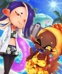 Rule 34 | 1boy, 2girls, ;d, alternate costume, big man (splatoon), bikini, bikini shorts, bikini skirt, black pantyhose, blonde hair, blue sky, breasts, cephalopod eyes, clear sky, cleavage, clenched hand, closed mouth, colored eyelashes, colored skin, colored tongue, cross-shaped pupils, cup, dark-skinned female, dark skin, day, drink, drinking glass, drinking straw, earrings, eyeliner, eyewear on head, fangs, floral print, food, food on head, forehead, frye (splatoon), gradient skin, hair over one eye, highres, holding, holding drink, horizontal pupils, inkling, innertube, jewelry, lemon print, lens flare, long hair, looking at viewer, makeup, manta ray, medium breasts, multicolored hair, multiple earrings, multiple girls, navel, nintendo, object on head, octoling, one eye closed, open mouth, outdoors, palm tree, pantyhose, pink innertube, pointy ears, pool, poolside, purple bikini, purple hair, purple skin, purple tongue, red eyeliner, red eyes, red skin, ricco (pixiv74946264), shiver (splatoon), shorts, sky, smile, splatoon (series), splatoon 3, striped umbrella, suction cups, sun, sunglasses, swim ring, swimsuit, symbol-shaped pupils, teeth, tempura, tentacle hair, tree, two-tone hair, umbrella, water, yellow bikini, yellow eyes, yellow pupils