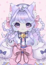 Rule 34 | 1girl, :3, animal ear fluff, animal ears, bell, blue bow, bow, braided hair rings, cat ears, cat girl, closed mouth, hair ribbon, highres, jingle bell, long hair, long sleeves, looking at viewer, neck bell, original, pink background, pink bow, pink ribbon, purple eyes, purple hair, purple headwear, ribbon, shiona (siona0625), solo, star (symbol), starry background, straight-on, upper body