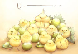 Rule 34 | animal, beak, bird, chick, eating, feathers, food, fruit, grapes, leaf, looking at viewer, lying, no humans, on back, original, puffy cheeks, simple background, standing, talons, yellow feathers, yoshiyanmisoko