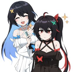 Rule 34 | 2girls, ahoge, bare shoulders, black dress, black hair, blue butterfly, blue eyes, blue hair, breasts, bug, butterfly, cleavage, closed mouth, colored inner hair, detached sleeves, dress, dual persona, flower, hair between eyes, hair ornament, holding, honkai (series), honkai impact 3rd, insect, lix (iroiro3843), long hair, looking at viewer, multicolored hair, multiple girls, open mouth, ponytail, red butterfly, red eyes, red hair, seele (alter ego), seele vollerei, simple background, smile, sparkle, white background, white dress